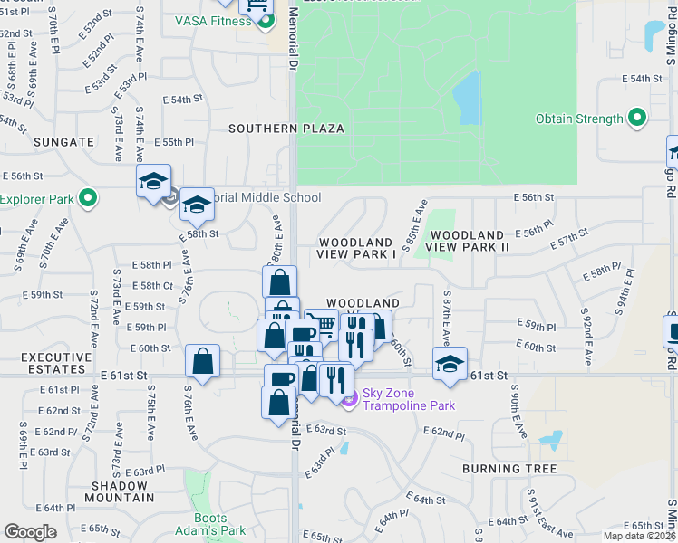 map of restaurants, bars, coffee shops, grocery stores, and more near 5815 South 83rd East Place in Tulsa