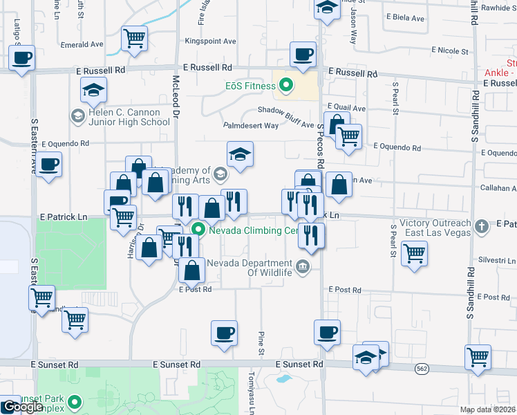 map of restaurants, bars, coffee shops, grocery stores, and more near 3220 East Patrick Lane in Las Vegas