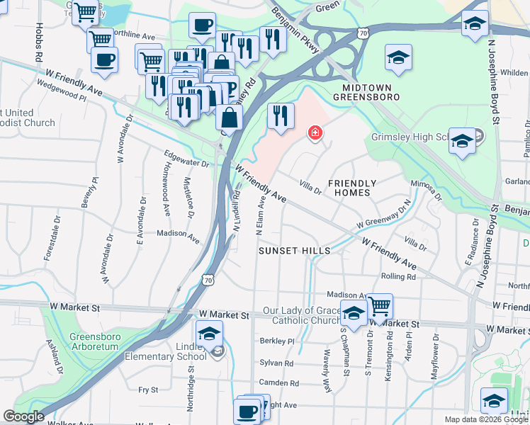 map of restaurants, bars, coffee shops, grocery stores, and more near 314 North Elam Avenue in Greensboro
