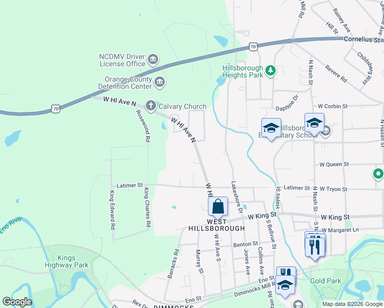 map of restaurants, bars, coffee shops, grocery stores, and more near 315 West Hill Avenue North in Hillsborough