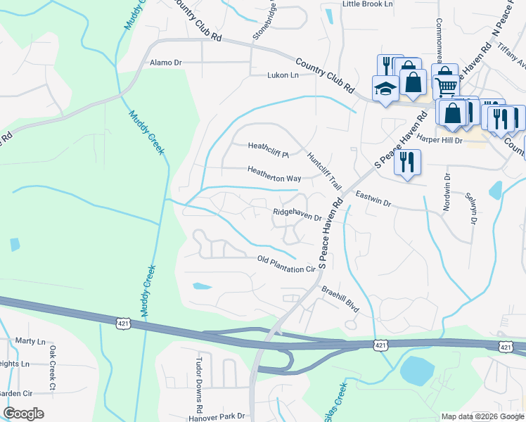 map of restaurants, bars, coffee shops, grocery stores, and more near 308 Bexley Drive in Winston-Salem