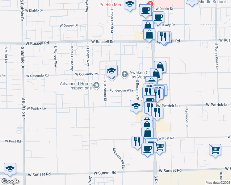 map of restaurants, bars, coffee shops, grocery stores, and more near 7173 Ponderosa Way in Las Vegas