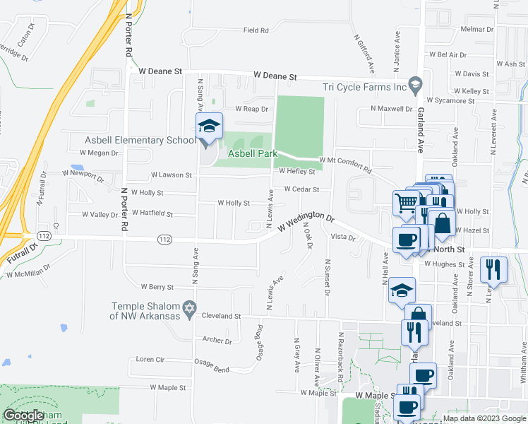 map of restaurants, bars, coffee shops, grocery stores, and more near 1233 North Lewis Avenue in Fayetteville