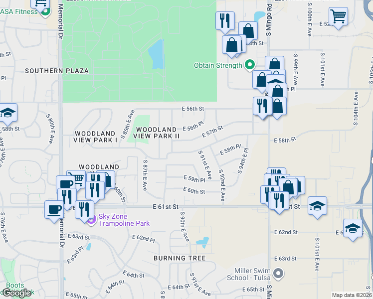map of restaurants, bars, coffee shops, grocery stores, and more near 8931 East 58th Street in Tulsa
