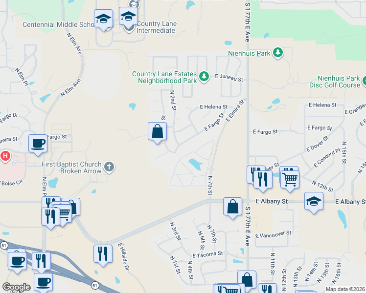 map of restaurants, bars, coffee shops, grocery stores, and more near 217 East Fargo Street in Broken Arrow