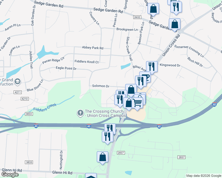 map of restaurants, bars, coffee shops, grocery stores, and more near 1032 Solomon Drive in Kernersville