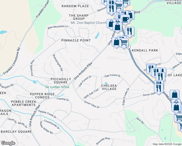 map of restaurants, bars, coffee shops, grocery stores, and more near 2561 Oak Forest Drive in Nashville