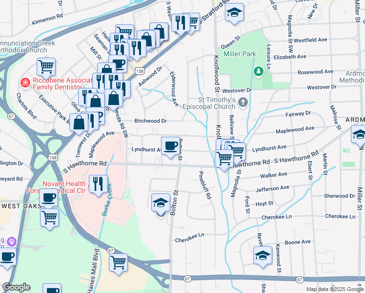 map of restaurants, bars, coffee shops, grocery stores, and more near 2773 Lyndhurst Avenue in Winston-Salem
