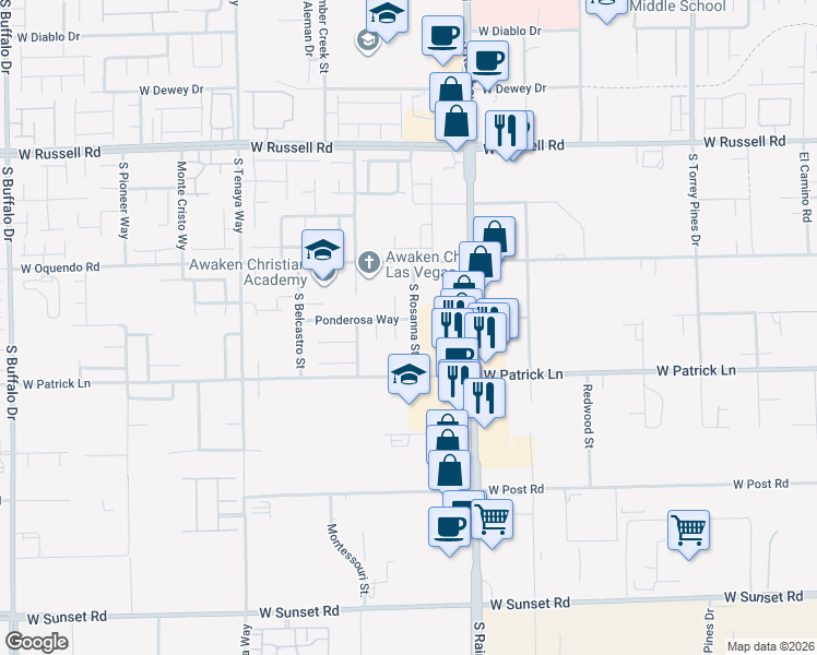 map of restaurants, bars, coffee shops, grocery stores, and more near 6009 Rosanna Street in Las Vegas