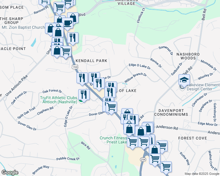 map of restaurants, bars, coffee shops, grocery stores, and more near 2600 Lakevilla Drive in Nashville