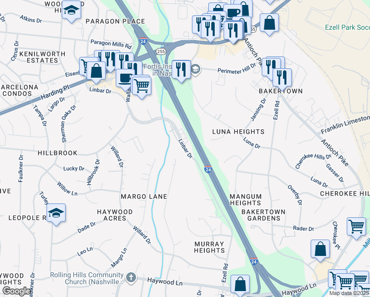 map of restaurants, bars, coffee shops, grocery stores, and more near 5174 Linbar Drive in Nashville