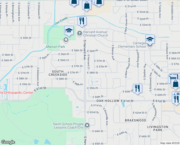 map of restaurants, bars, coffee shops, grocery stores, and more near 5746 South Indianapolis Avenue in Tulsa