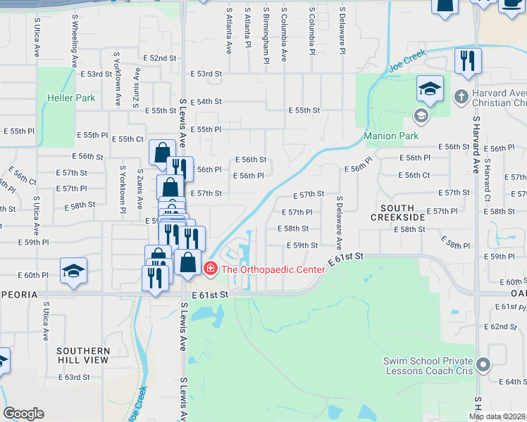 map of restaurants, bars, coffee shops, grocery stores, and more near 5730 South Birmingham Avenue in Tulsa