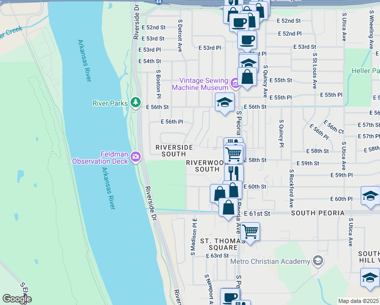 map of restaurants, bars, coffee shops, grocery stores, and more near 5740 South Madison Avenue in Tulsa