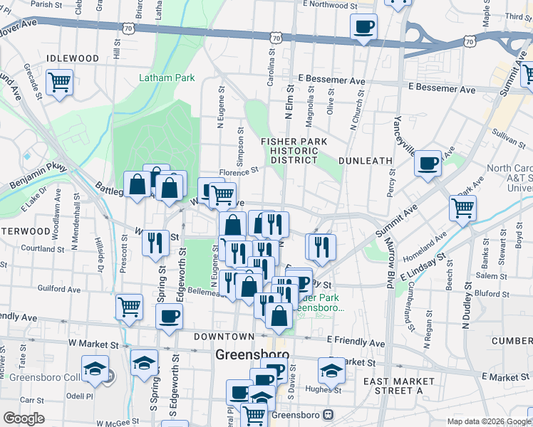 map of restaurants, bars, coffee shops, grocery stores, and more near 608 North Greene Street in Greensboro