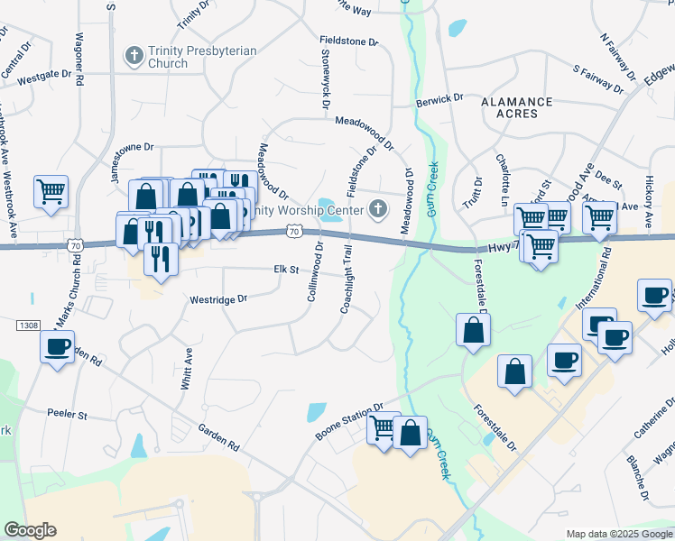 map of restaurants, bars, coffee shops, grocery stores, and more near 123 Coachlight Trail in Burlington