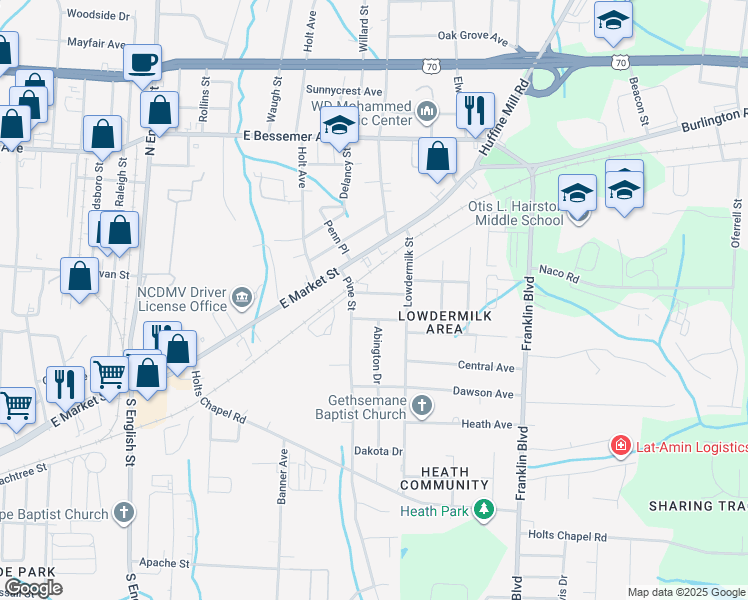 map of restaurants, bars, coffee shops, grocery stores, and more near 3602 Greensboro Street in Greensboro