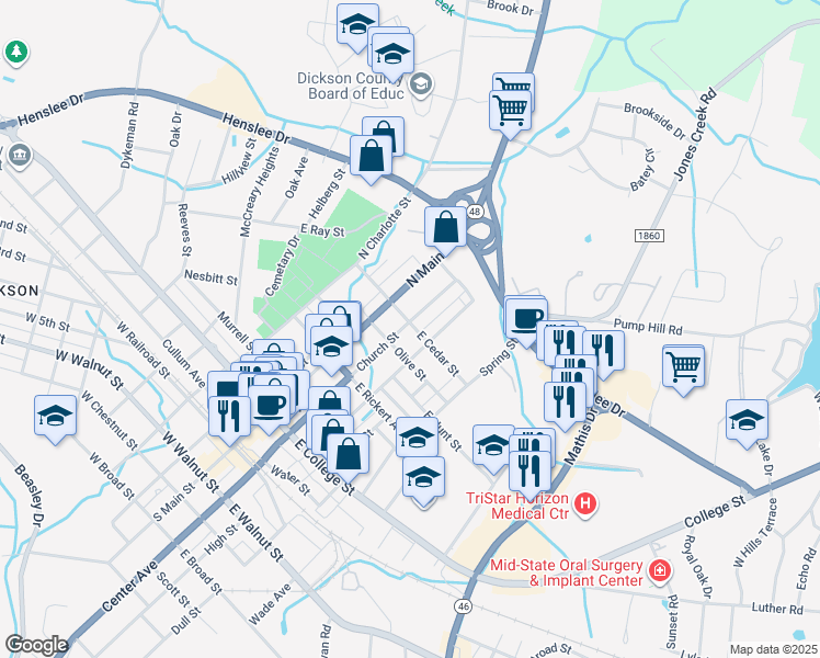 map of restaurants, bars, coffee shops, grocery stores, and more near 409 Church Street in Dickson