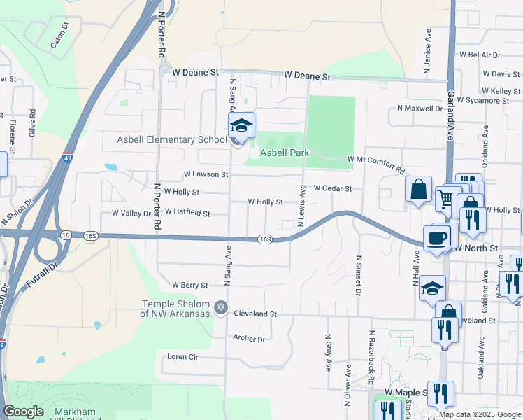 map of restaurants, bars, coffee shops, grocery stores, and more near 1229 North Vista Place in Fayetteville
