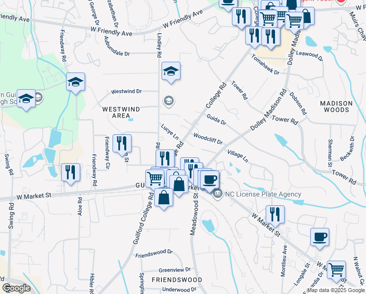 map of restaurants, bars, coffee shops, grocery stores, and more near 226 North College Road in Greensboro