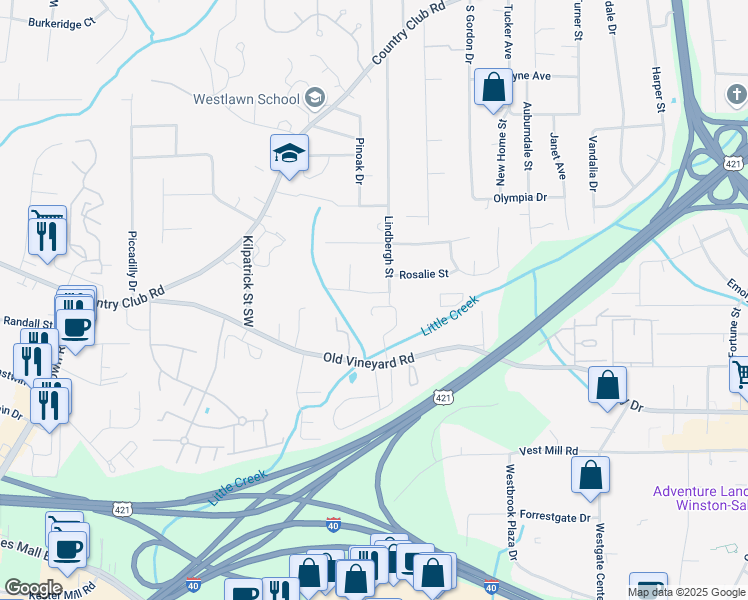 map of restaurants, bars, coffee shops, grocery stores, and more near 4204 Rosalie Street in Winston-Salem