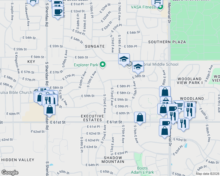 map of restaurants, bars, coffee shops, grocery stores, and more near 5830 South 73rd East Avenue in Tulsa