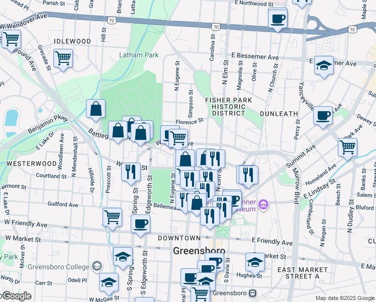map of restaurants, bars, coffee shops, grocery stores, and more near 523 Simpson Street in Greensboro