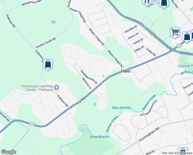 map of restaurants, bars, coffee shops, grocery stores, and more near 7419 Bellcastle Court in Knoxville