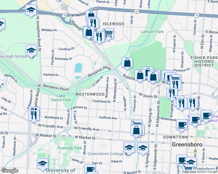 map of restaurants, bars, coffee shops, grocery stores, and more near 500 Woodlawn Avenue in Greensboro