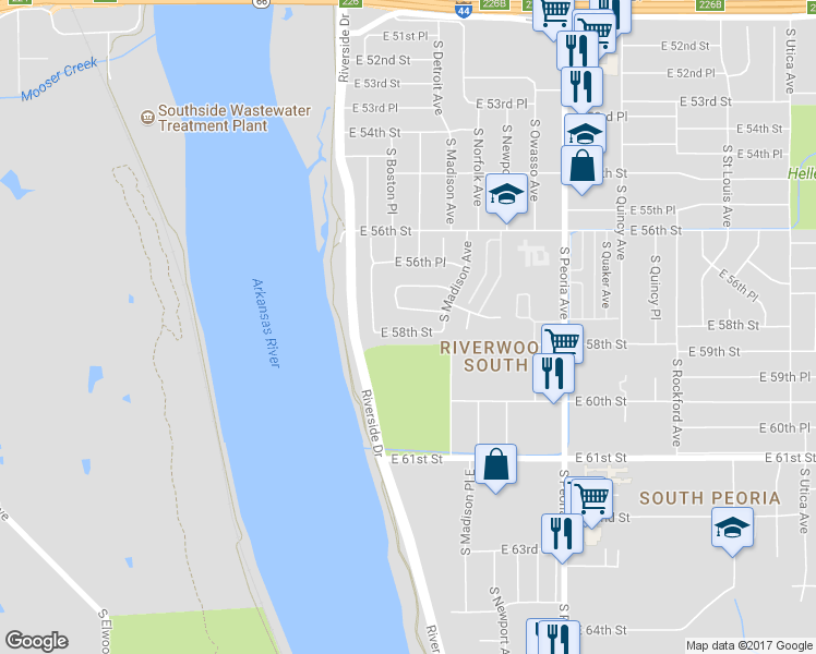map of restaurants, bars, coffee shops, grocery stores, and more near 135 East 58th Street in Tulsa