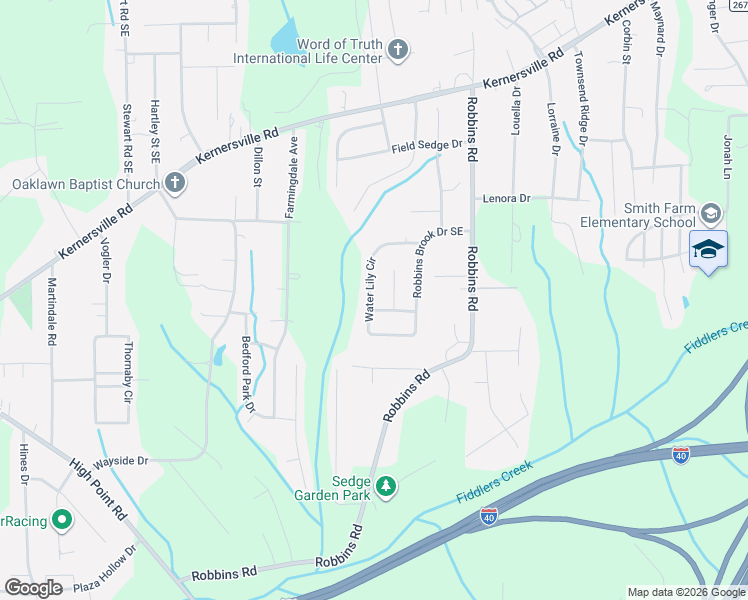 map of restaurants, bars, coffee shops, grocery stores, and more near 288 Water Lily Circle in Winston-Salem