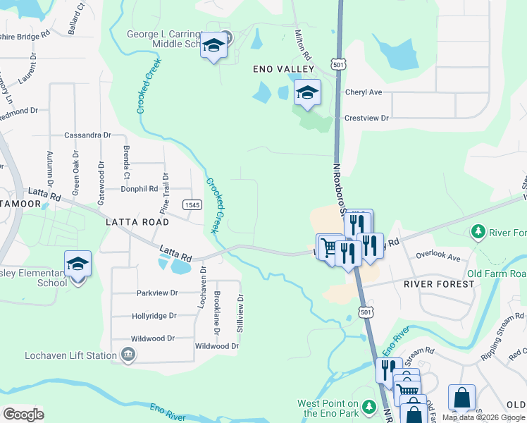 map of restaurants, bars, coffee shops, grocery stores, and more near 5022 McKittrick Lane in Durham