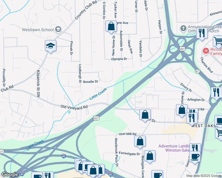 map of restaurants, bars, coffee shops, grocery stores, and more near 4340 Johnsborough Court Southwest in Winston-Salem