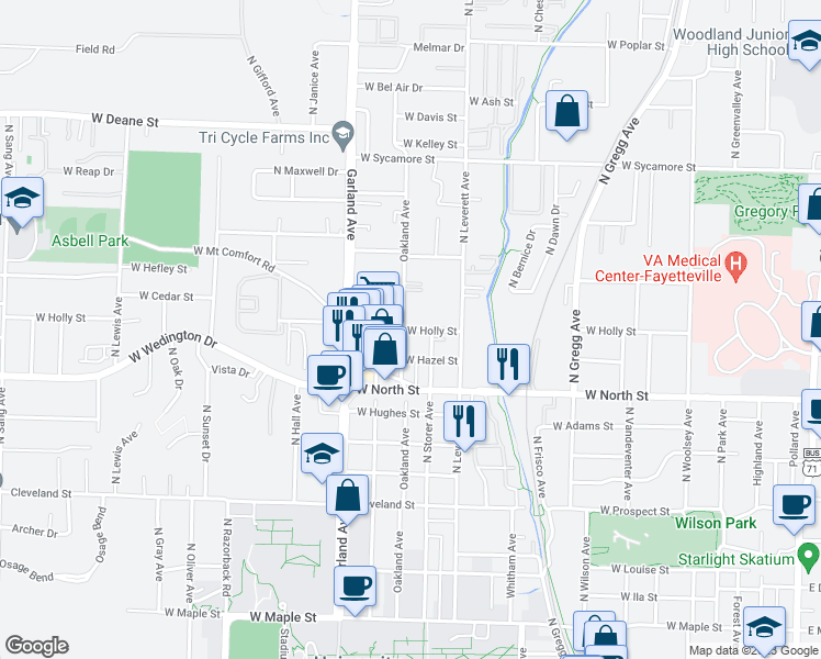 map of restaurants, bars, coffee shops, grocery stores, and more near 941 West Holly Street in Fayetteville