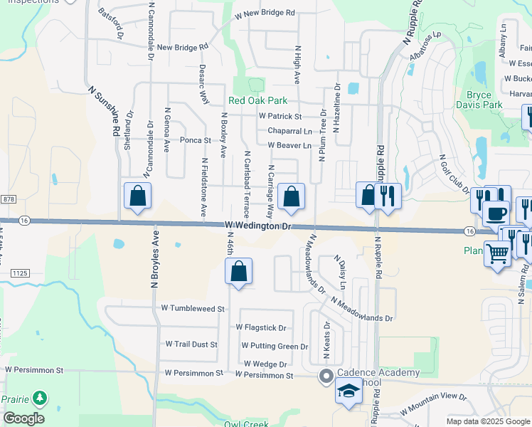 map of restaurants, bars, coffee shops, grocery stores, and more near 1127 North Carriage Way in Fayetteville