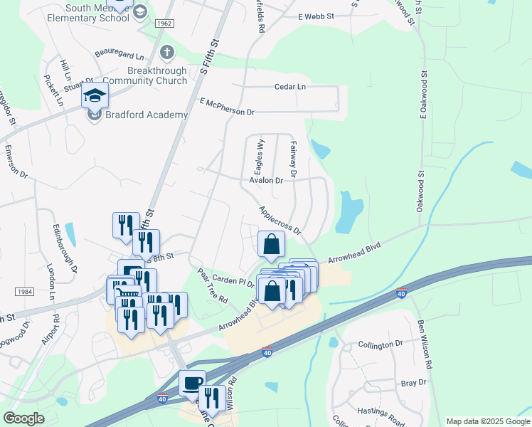 map of restaurants, bars, coffee shops, grocery stores, and more near 523 Applecross Drive in Mebane