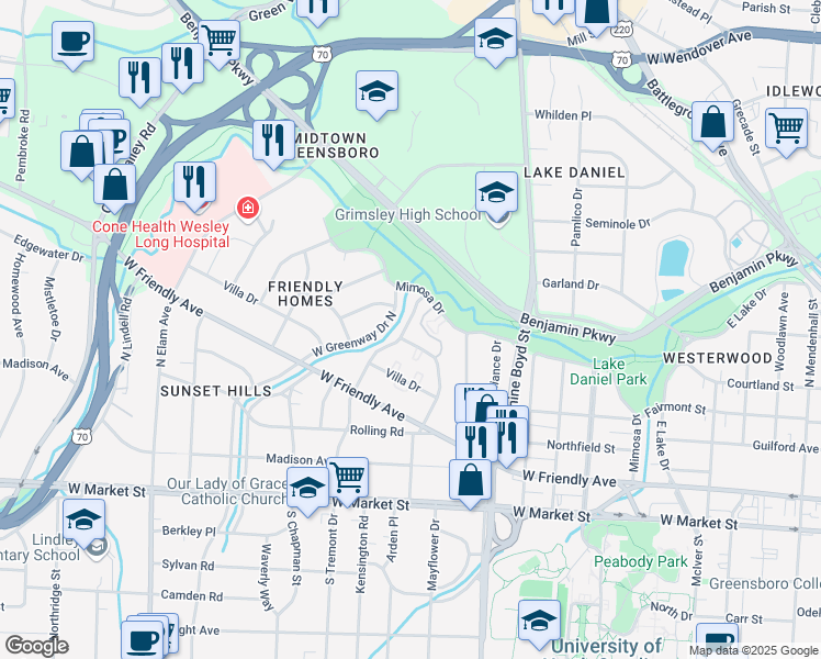 map of restaurants, bars, coffee shops, grocery stores, and more near 604 North Tremont Drive in Greensboro