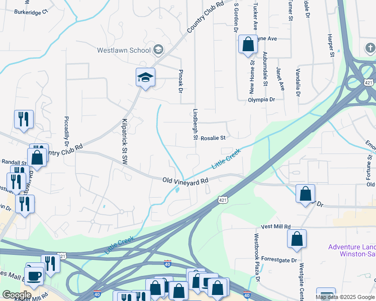 map of restaurants, bars, coffee shops, grocery stores, and more near 4204 Rosalie St in Winston-Salem