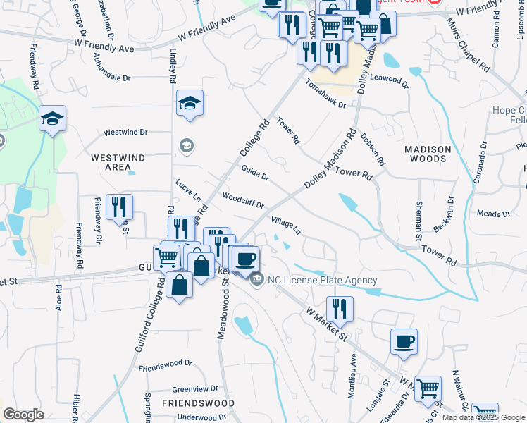 map of restaurants, bars, coffee shops, grocery stores, and more near 5801 Woodcliff Drive in Greensboro