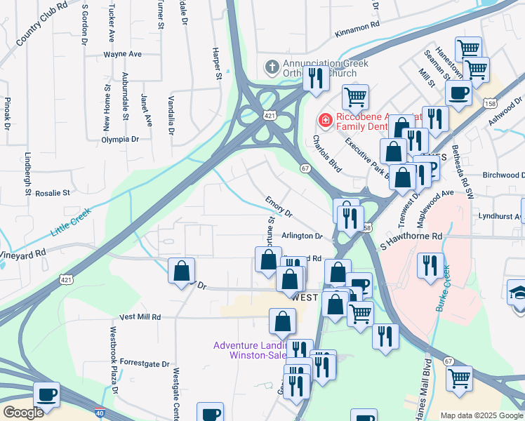 map of restaurants, bars, coffee shops, grocery stores, and more near 3309 Pollard Drive in Winston-Salem