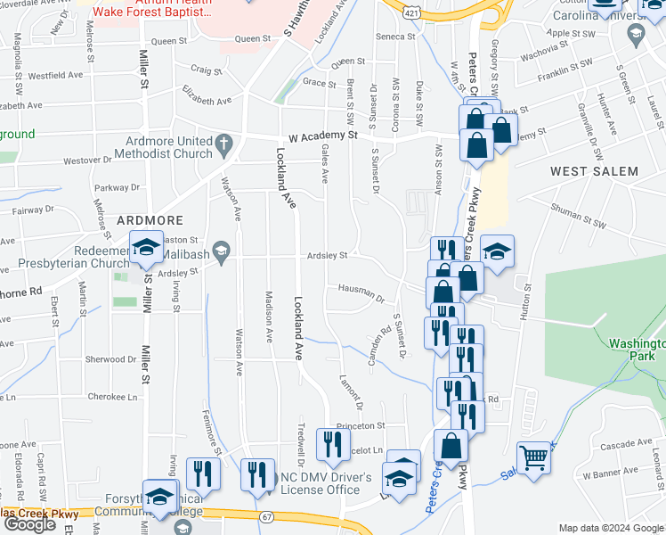 map of restaurants, bars, coffee shops, grocery stores, and more near 909 Gales Avenue in Winston-Salem