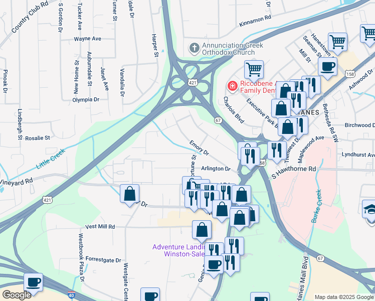 map of restaurants, bars, coffee shops, grocery stores, and more near 3309 Pollard Drive in Winston-Salem