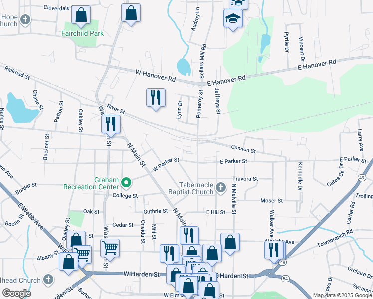map of restaurants, bars, coffee shops, grocery stores, and more near 105 West Parker Street in Graham
