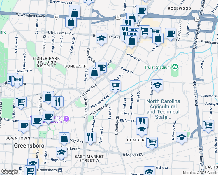 map of restaurants, bars, coffee shops, grocery stores, and more near 609 Park Avenue in Greensboro