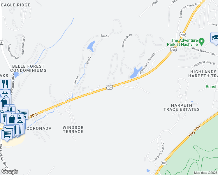 map of restaurants, bars, coffee shops, grocery stores, and more near 6812 Highway 70 South in Nashville
