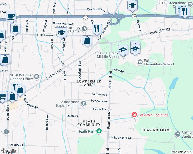 map of restaurants, bars, coffee shops, grocery stores, and more near 307 Guerrant Street in Greensboro