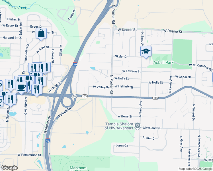 map of restaurants, bars, coffee shops, grocery stores, and more near 2426 West Valley Drive in Fayetteville