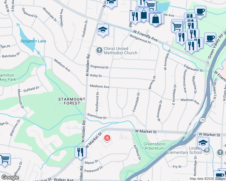 map of restaurants, bars, coffee shops, grocery stores, and more near 3703 Madison Avenue in Greensboro