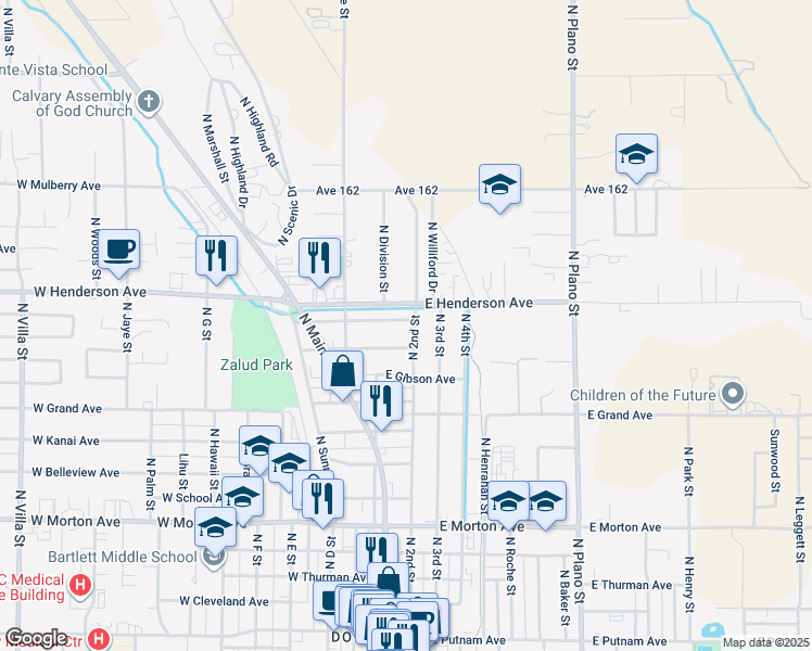 map of restaurants, bars, coffee shops, grocery stores, and more near 15 East Laurel Avenue in Porterville