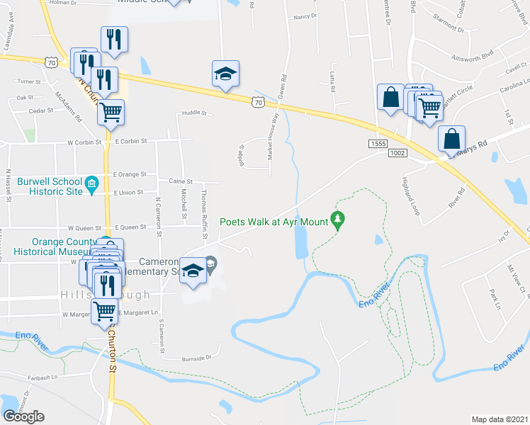 map of restaurants, bars, coffee shops, grocery stores, and more near 341 East King Street in Hillsborough